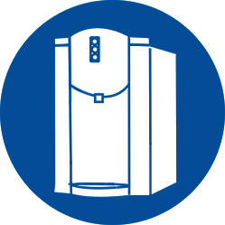 Rundes blaues Icon, auf dem ein weißer Wasserspender zu sehen ist.