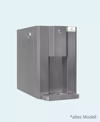 Ein LEA 60 Wasserspender Auftischgerät in grauer Farbe, ausgestattet mit einer Wasserabgabeöffnung. Am unteren Rand steht 