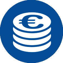 Rundes blaues Icon, mit weißen Geldmünzen die aufeinandergestapelt sind.