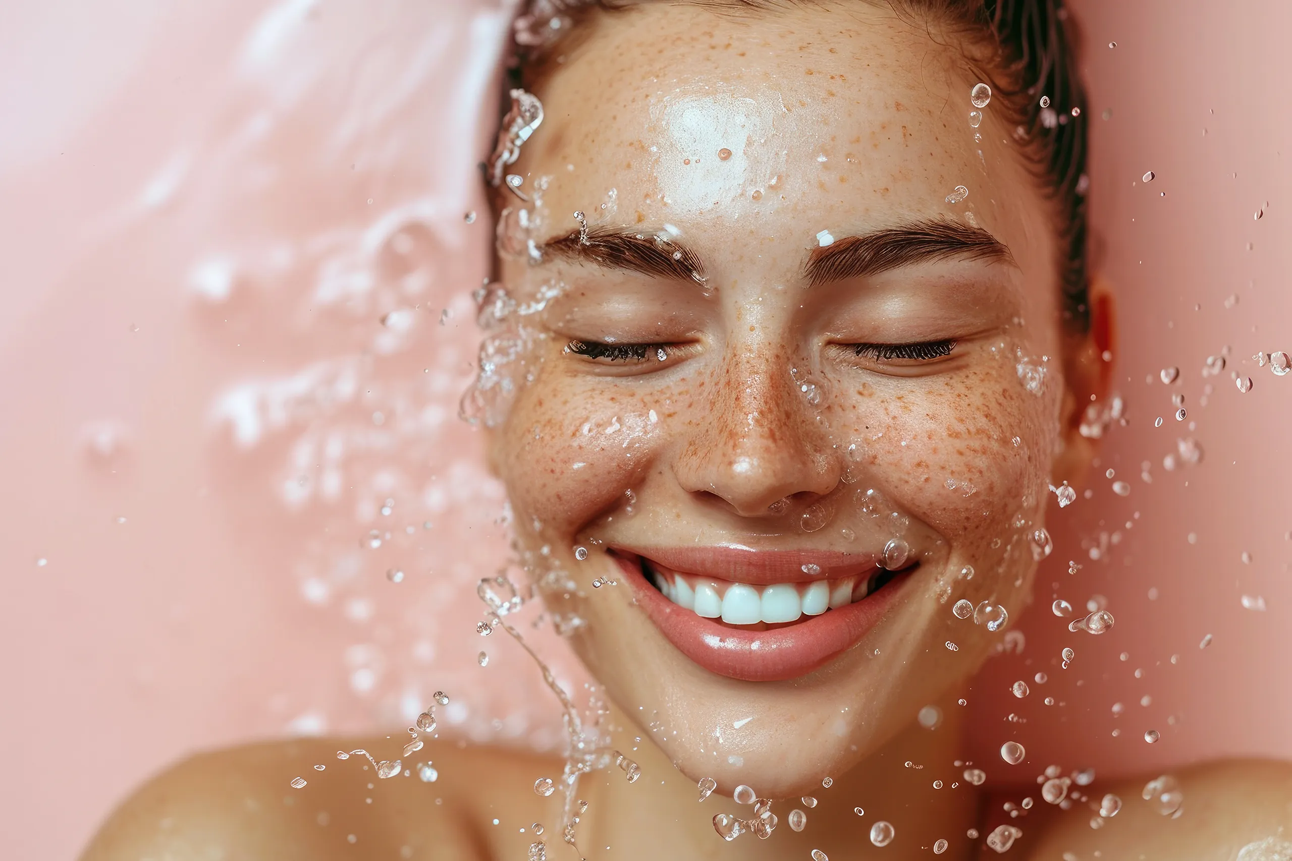 Junge Frau mit strahlender Haut hat Wasser im Gesicht