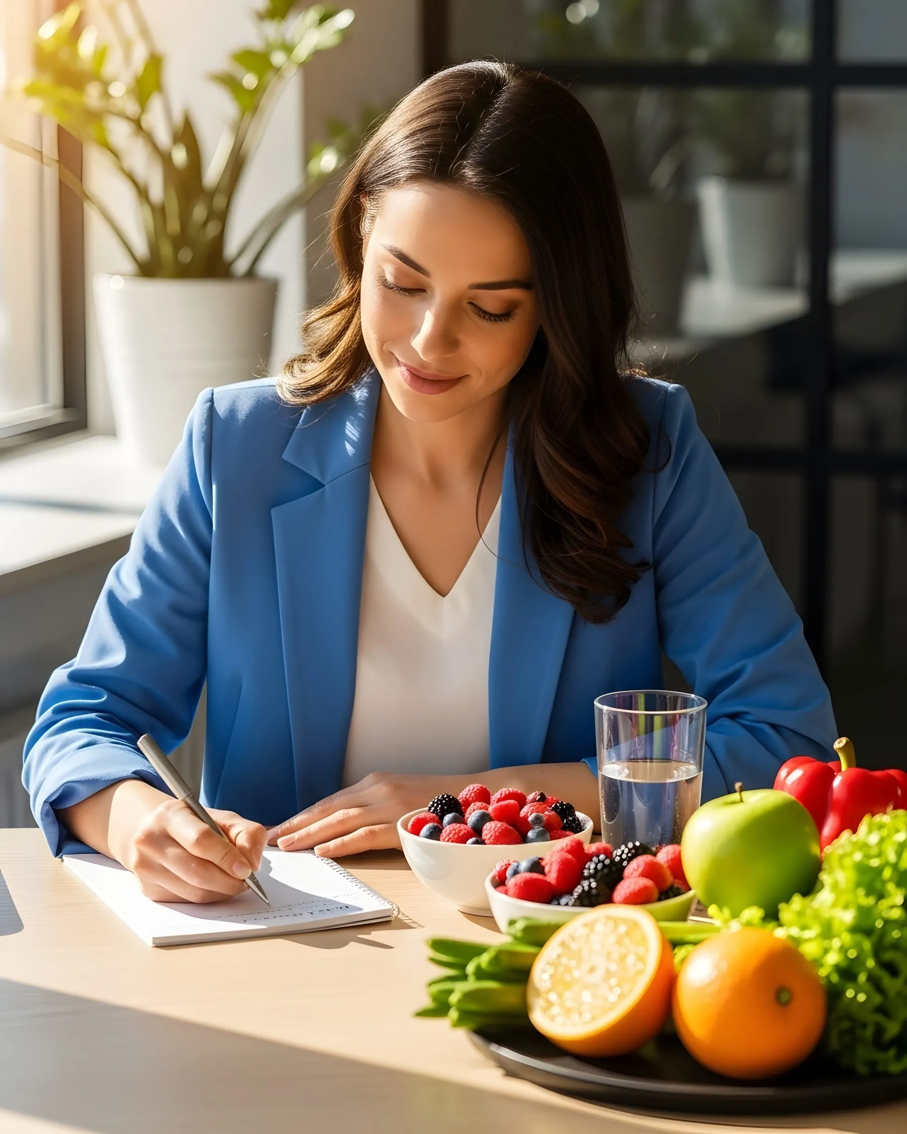 Der Zugang zu kostenfreiem Obst und Wasser gilt als Teil des betrieblichen Gesundheitsmanagements. Eine Frau macht sich Notizen, neben einem farbenfrohen Obstteller und einem Glas Wasser.